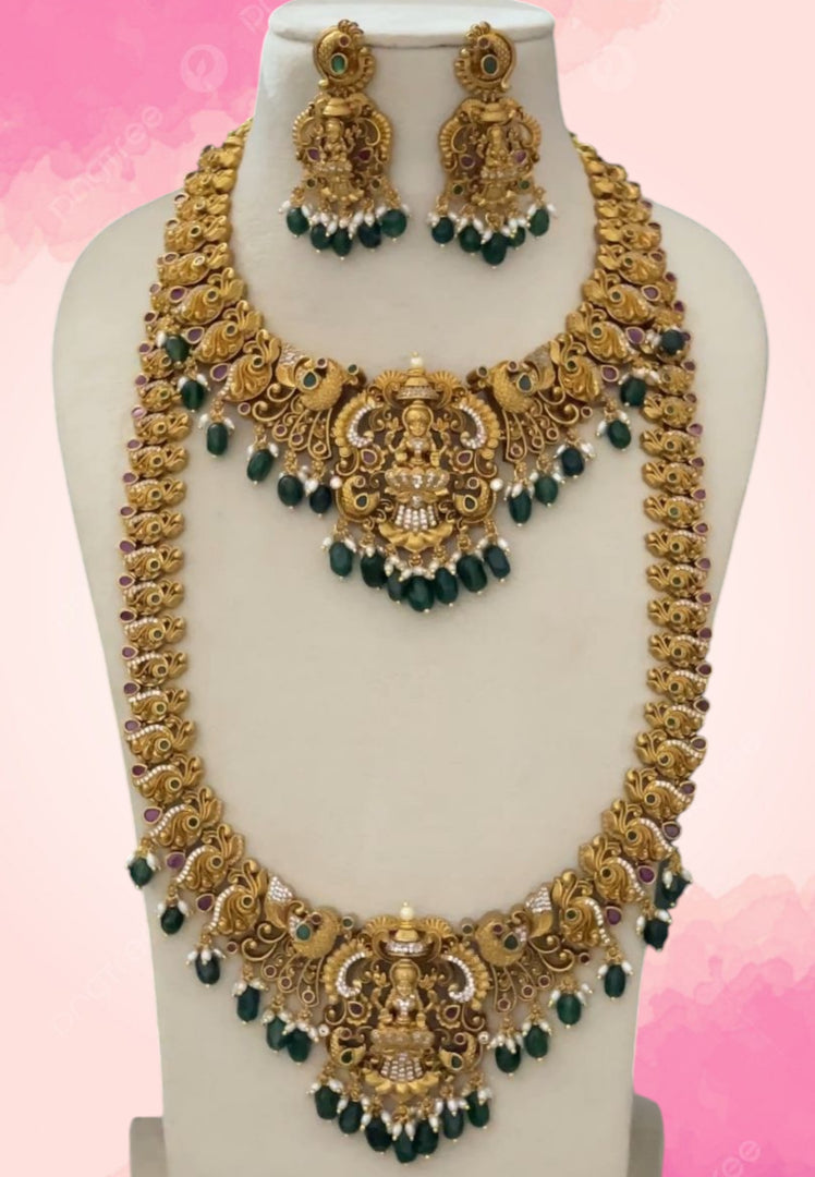 Beautiful bridal set with green stone and God laxmi devi motive