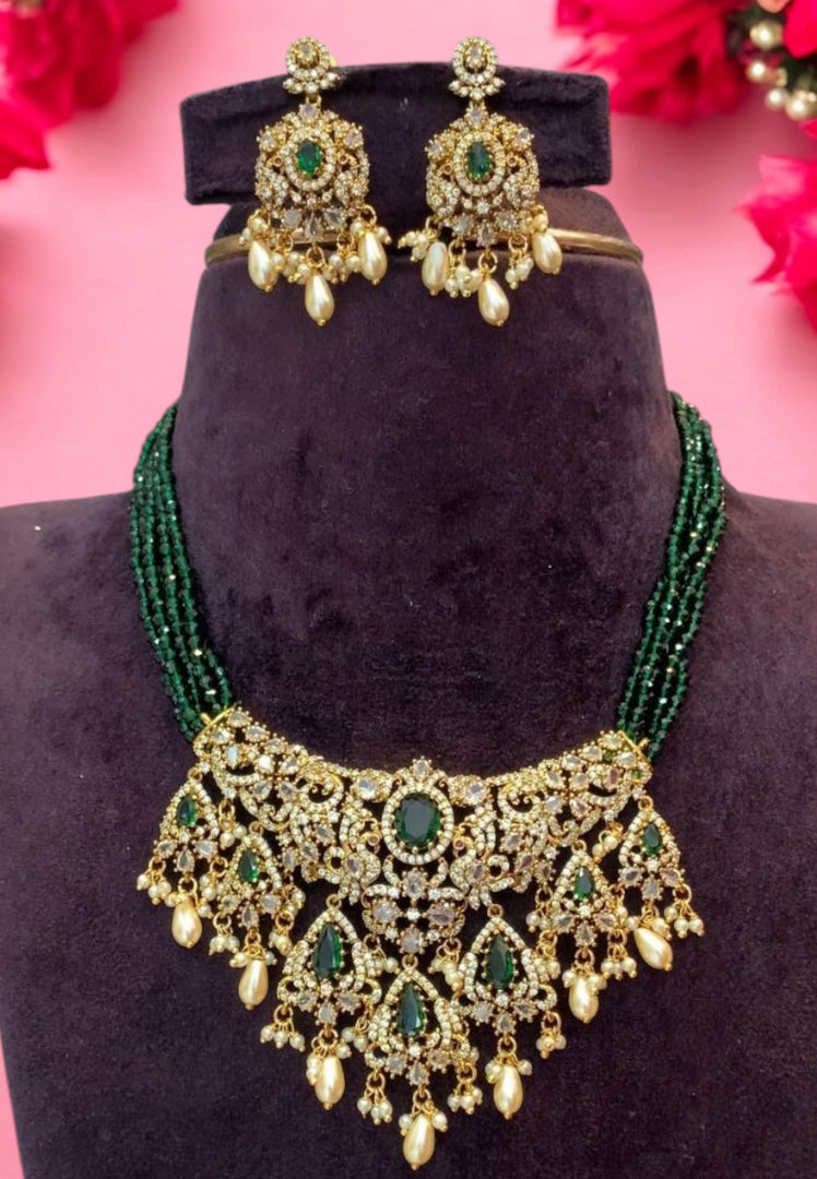 Beads haram with green stone and guttapusalu hangings