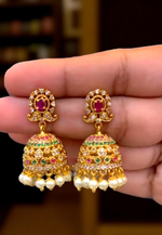 Load image into Gallery viewer, Beautiful jumkhas with multistone and pink stone-hanging with pearls