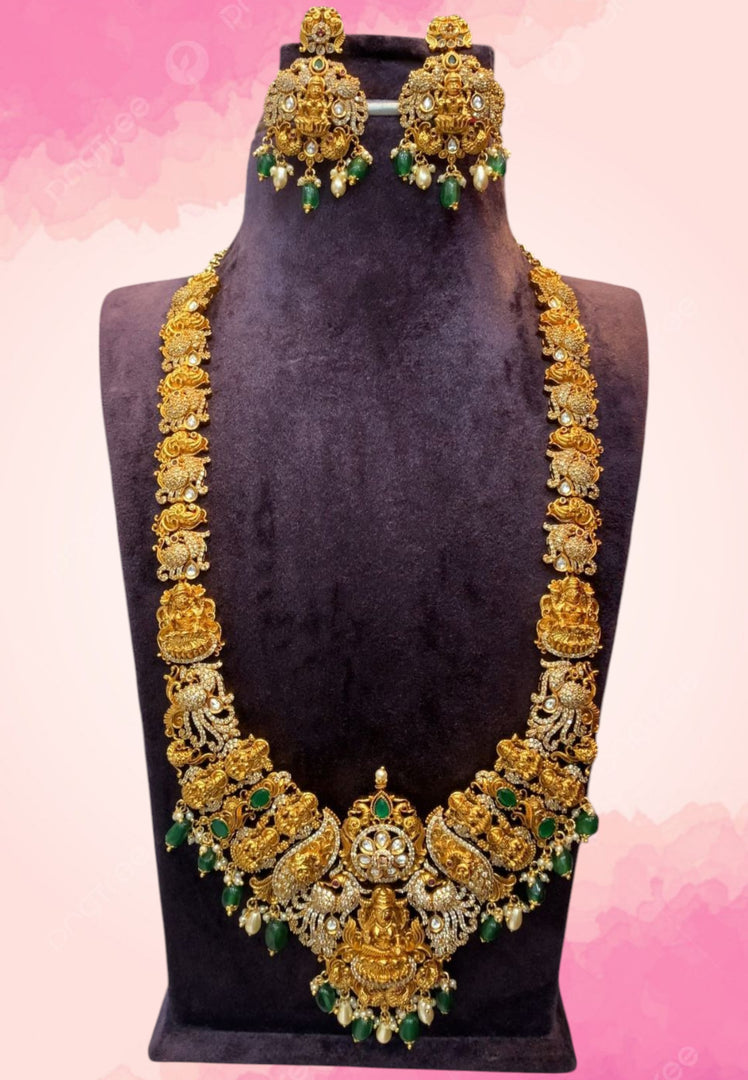 Traditional 3d long haram with peacock design and green beads
