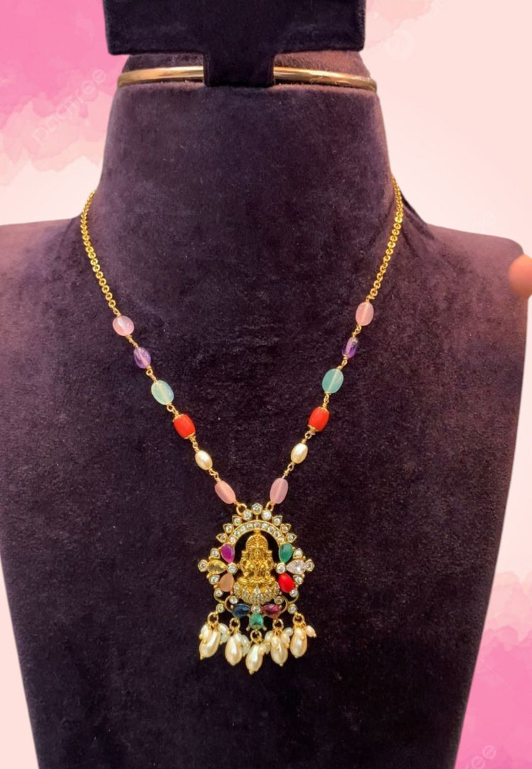 Chandraharam short chain with beads and Laxmi Devi motive pendant