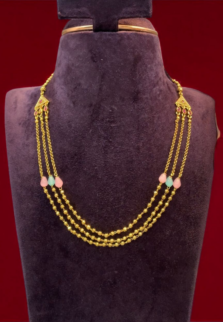Stunning t hree layer chandraharam necklace with pink and blue stone