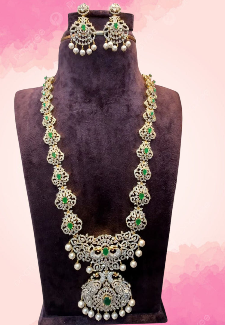 Beautiful gj polish long haram with green stone and pearls
