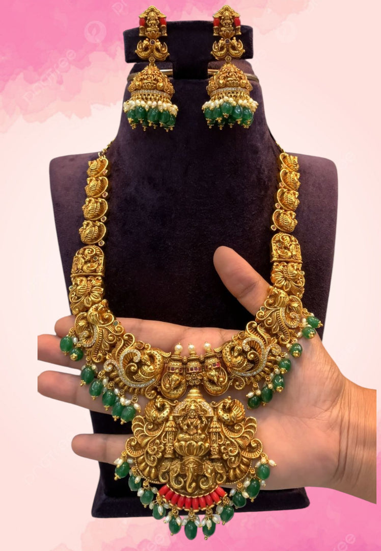 Beautiful 3D nakshi haram with green Beads and guttapusalu hangings