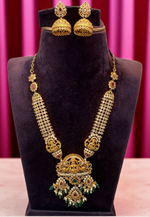 Load image into Gallery viewer, Beautiful short necklace with God laxmi motive locket and guttapusalu hangings -pairing with beautiful jumkhas