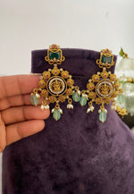 Load image into Gallery viewer, Traditional long haram with green beads and Laxmi Devi motive pendant