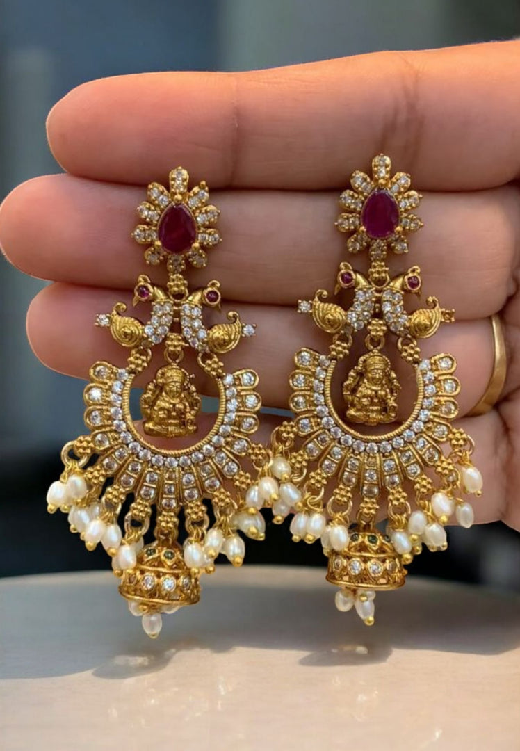 Beautiful earrings with ruby colour stone and guttapusalu hangings
