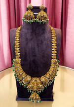 Load image into Gallery viewer, Traditional long Haram with God Lakshmi Devi motive and green beeds