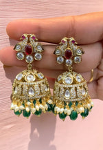 Load image into Gallery viewer, Beautiful jumkhas with kundan stone and ruby colour beads and guttapusalu hangings