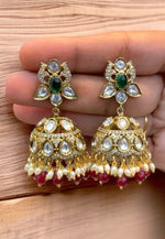 Load image into Gallery viewer, Beautiful jumkhas with kundan stone and ruby colour beads and guttapusalu hangings