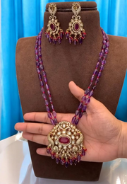 Stunning double layered purple Beed short necklace with Ruby stone