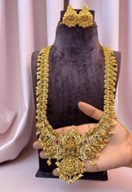 Load image into Gallery viewer, Traditional nakshi long haram with green and pink stone