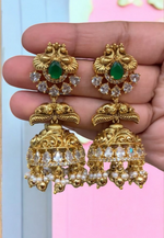 Load image into Gallery viewer, Beautiful jumkhas with peacock design and green colour stone