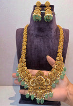 Load image into Gallery viewer, Traditional 3d long haram with gold finishing and mint green beads