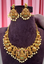 Load image into Gallery viewer, Traditional 3d necklace with God krishna motive -hanging with pearls and pairing with beautiful earrings