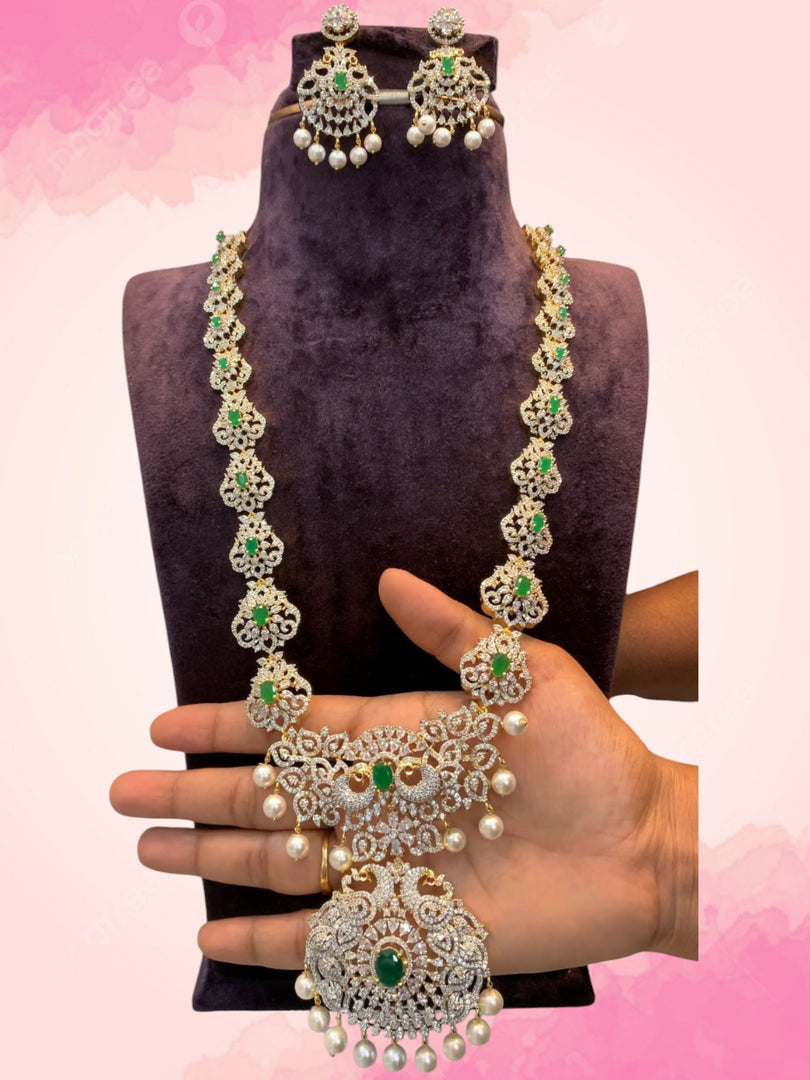 Beautiful gj polish long haram with green stone and pearls