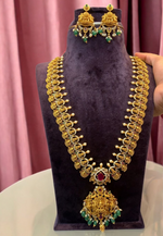 Load image into Gallery viewer, Traditional long haram with green stone and pink stone with Laxmi Devi motive
