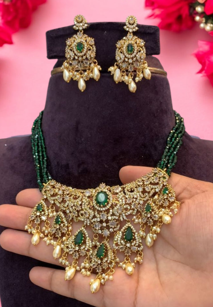 Beads haram with green stone and guttapusalu hangings