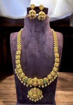 Load image into Gallery viewer, Stunning jadav stone long haram with guttapusalu hangings God laxmi motive and pairing with beautiful jumkhas