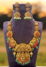 Load image into Gallery viewer, Beautiful short necklace with coral beads and God laxmi motive -hanging with guttapusalu pairing with beautiful jumkhas