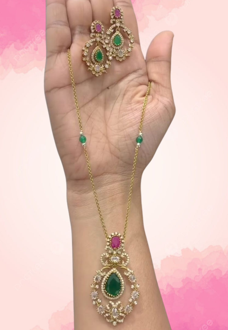 Beautiful chandraharam chain with green and pink stone pendant