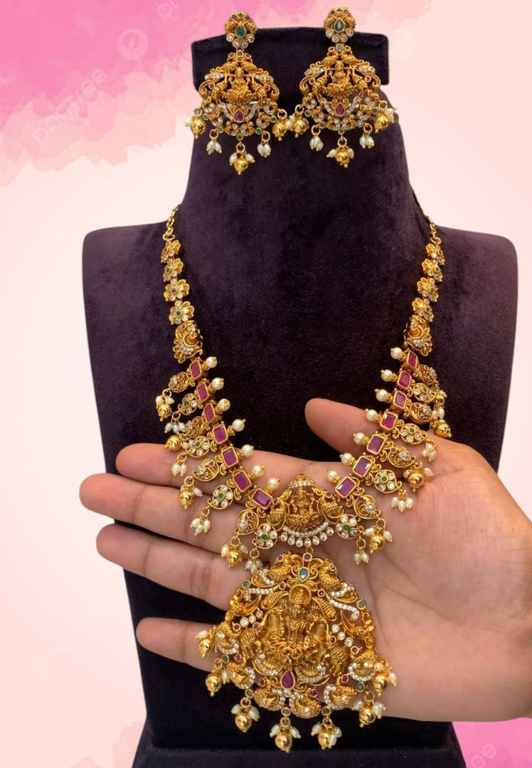 Traditional nakshi short haram with green and pink stone