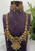 Load image into Gallery viewer, Traditional long haram with green beads and Laxmi Devi motive pendant