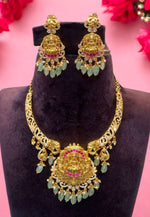Load image into Gallery viewer, Kanti necklace with God laxmi motive pendant and light blue colour stones and guttapusalu hangings