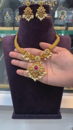 Load and play video in Gallery viewer, Beautiful kanti necklace with pink stone and guttapusalu hangings
