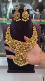 Load and play video in Gallery viewer, Traditional Nakshi Haram with gold finishing and guttapusalu hangings
