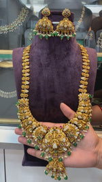 Load and play video in Gallery viewer, Traditional long Haram with God Lakshmi Devi motive and green beeds
