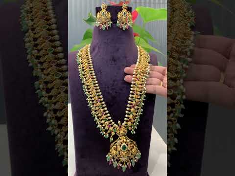 Traditional long haram with green beads and guttapusalu hangings