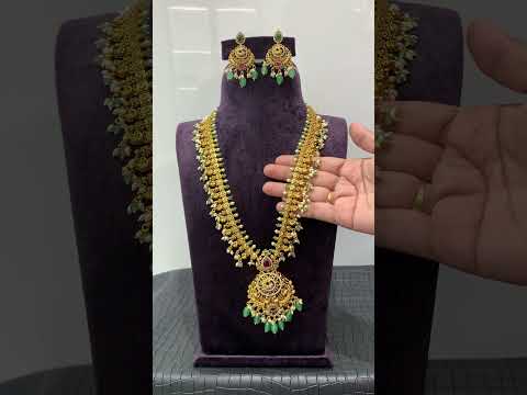 Beautiful traditional guttapusalu long haram with green beads