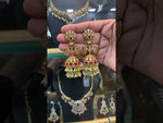 Load and play video in Gallery viewer, Beautiful jumkhas with green and pink stone and guttapusalu hangings
