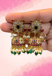 Beautiful jumkhas with green and pink stone and guttapusalu hangings