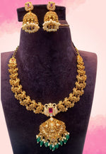 Load image into Gallery viewer, Traditional necklace with peacock design and pink stone with green beads and guttapusalu hangings
