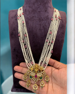Load image into Gallery viewer, Beautiful White beads set with ten lines beads mala with onion pink stones -with Venkateshwara swami locket
