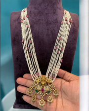 Beautiful White beads set with ten lines beads mala with onion pink stones -with Venkateshwara swami locket