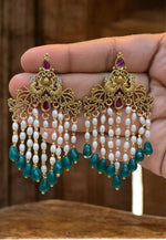 Load image into Gallery viewer, Beautiful earrings with peacock design and green colour stone and hanging with guttapusalu

