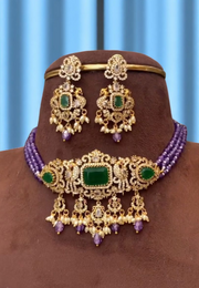Beautiful short necklace with green stone and purple beads