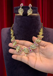 Beautiful short party wear necklace with green and pink stone