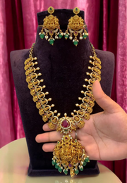 Traditional mini haram with green and pink stone with god Laxmi Devi motive