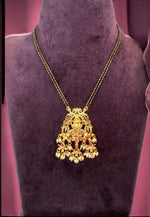 Load image into Gallery viewer, Beautiful black beads short chain with laxmi motive and guttapusalu hangings
