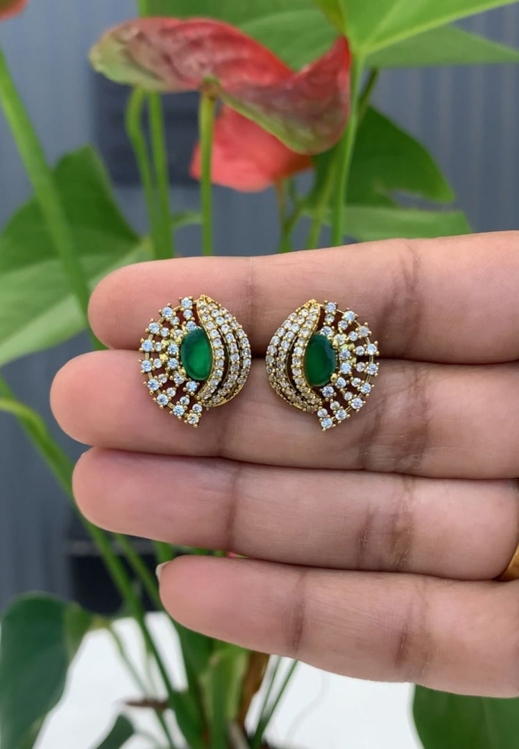 Beautiful studs with green stone and diamond replica