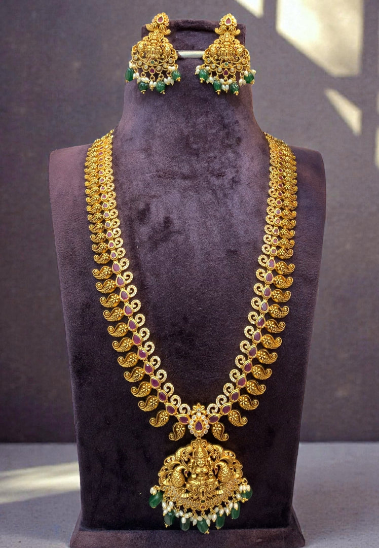 Traditional nakshi polish long haram with green stone