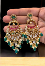 Load image into Gallery viewer, Beautiful earrings with green stone and guttapusalu hangings
