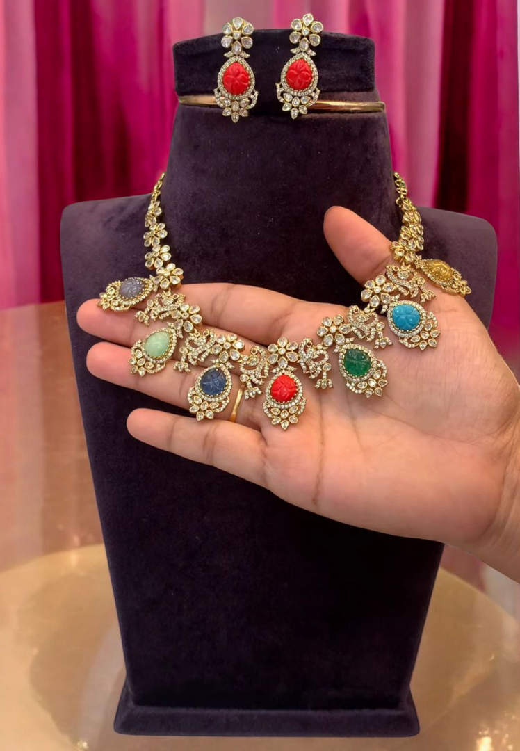 Beautiful short necklace with Navratna stones