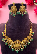 Load image into Gallery viewer, Beautiful 3d short necklace with god Laxmi Devi motive and green colour beads
