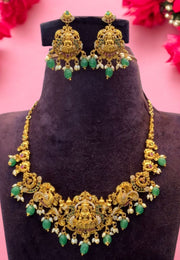 Beautiful 3d short necklace with god Laxmi Devi motive and green colour beads