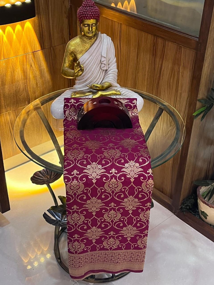 Pure Crepe Khadi Silk Saree With Finest Elegant Zari Wooven Pallu Having Fancy Tassels With Zari Wooven Border With Meenakari Weaving In Full Saree With Butti Blouse Which Comes With Hand Dyeing With Running Blouse